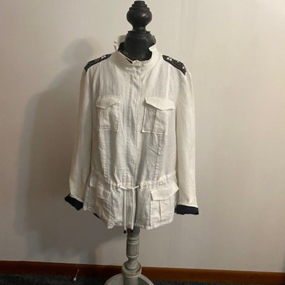 INC International Concept White, Blue embellished Linen jacket, size 1X